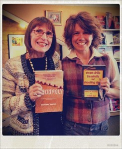 Food & Water Watch founder Wenonah Hauter and Rivera Sun swap books. Food & Water Watch is a national organization involved in preventing fracking, GMO's, and protecting clean water.