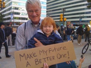 George Lakey with granddaughter at OccupyPhilly. Photo by Ingrid Lakey